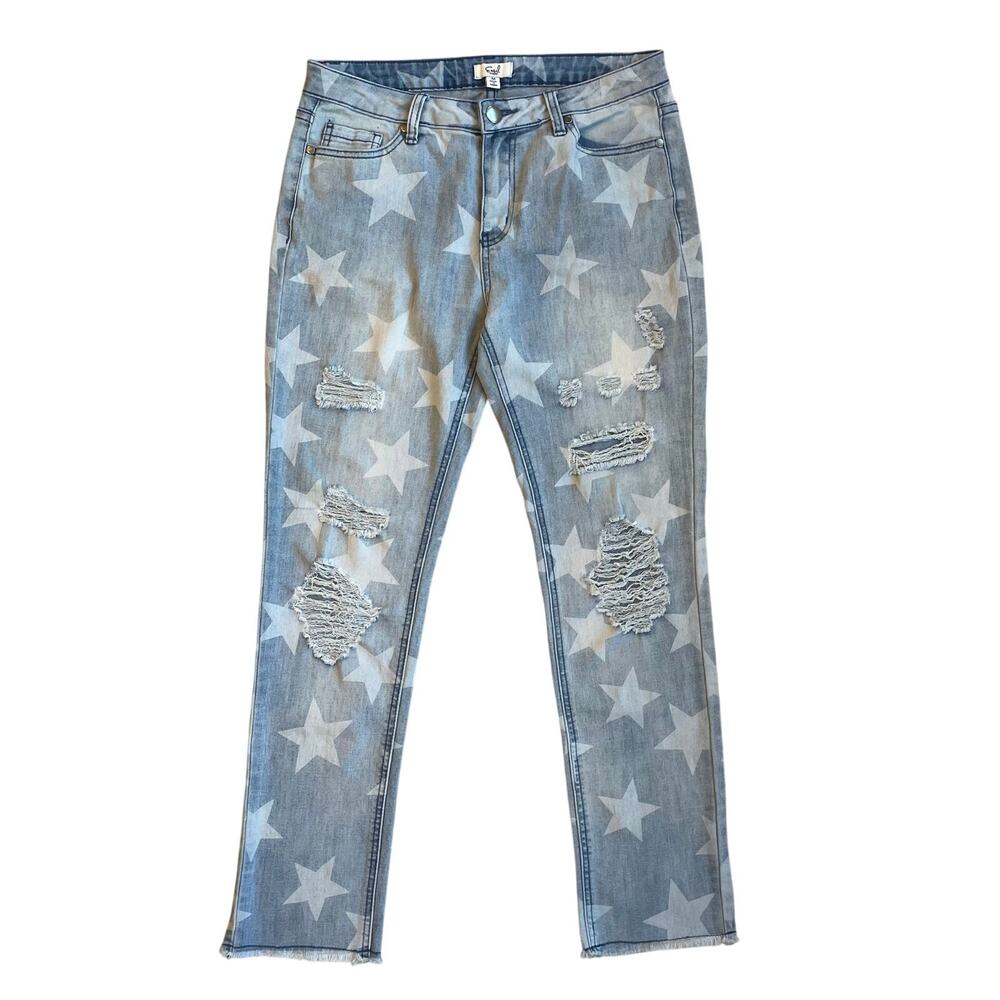 Easel Star Print Jeans Womens M Blue Distressed High Rise Skinny Raw Hem Denim